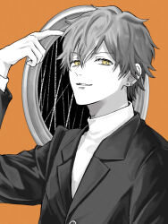 Rule 34 | 1boy, commentary, earrings, hair between eyes, index finger raised, jewelry, lapels, long sleeves, looking at viewer, male focus, mikeimikei, notched lapels, orange background, parted lips, pointing, project sekai, shinonome akito, short hair, simple background, solo, stud earrings, sweater, turtleneck, turtleneck sweater, upper body, yellow eyes