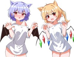 Rule 34 | 2girls, :o, alternate costume, animal ears, arms up, bat wings, blonde hair, blouse, blue hair, blush, bottomless, cat ears, cat girl, claw pose, commentary, contrapposto, cowboy shot, fang, flandre scarlet, highres, kemonomimi mode, kiui (dagk8254), leaning to the side, multiple girls, off-shoulder shirt, off shoulder, one side up, open mouth, red eyes, remilia scarlet, shirt, short hair, siblings, simple background, sisters, skin fang, standing, touhou, white background, white shirt, wings