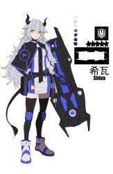 Rule 34 | 1girl, absurdres, bad id, bad pixiv id, black gloves, black thighhighs, blue footwear, blue gloves, brown eyes, closed mouth, color guide, elbow gloves, expressionless, gloves, grey hair, hanenosaki, highres, holding, holding shield, horns, knee pads, long hair, looking at viewer, messy hair, multicolored clothes, multicolored footwear, multicolored gloves, original, shield, simple background, solo, thighhighs, very long hair, wavy hair, white background, white footwear