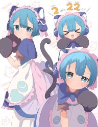 Rule 34 | &gt; &lt;, 1boy, :3, absurdres, animal ears, animal hands, apron, blue capelet, blue corset, blue eyes, blue hair, blue tail, bob cut, capelet, cat boy, cat day, cat tail, center-flap bangs, child, chipi chipi chapa chapa (meme), corset, dot nose, fake animal ears, frilled apron, frills, gloves, highres, kemonomimi mode, made in abyss, maid, maid headdress, maruruk, meme, multiple views, paw gloves, paw pose, pouch, sweatdrop, tail, trap, uis0, v-shaped eyebrows, whistle, whistle around neck, white background, yellow pupils