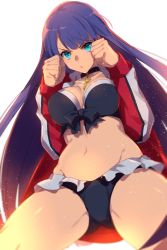 Rule 34 | 1girl, aqua eyes, bikini, black bikini, blunt bangs, breasts, choker, cleavage, collarbone, cross, cross choker, echo (circa), fate/grand order, fate (series), fighting stance, frilled bikini, frills, gluteal fold, jacket, large breasts, long hair, long sleeves, looking at viewer, martha (fate), martha (swimsuit ruler) (fate), martha (swimsuit ruler) (second ascension) (fate), navel, open clothes, open jacket, open mouth, purple hair, red jacket, simple background, solo, straight hair, swimsuit, thighs, very long hair, white background