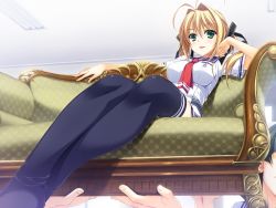 Rule 34 | 1girl, 2boys, antenna hair, black thighhighs, blonde hair, blouse, carrying, character name, couch, from below, green eyes, hair intakes, head rest, highres, indoors, kamiyama reika, kourin no machi lavender no shoujo, legs, microskirt, multiple boys, neckerchief, red neckerchief, shirt, short sleeves, sitting, skirt, solo focus, thighhighs, white shirt, yuuki hagure