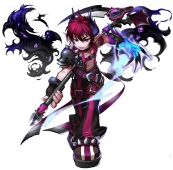 Rule 34 | 1girl, dio (grand chase), dio burning canyon, fingerless gloves, gloves, grand chase, official art, pointy ears, purple eyes, purple hair, scythe, solo, transparent background