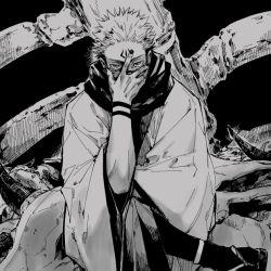 Rule 34 | 1boy, arm up, black nails, flip-flops, greyscale, hand on own face, covered mouth, horns, japanese clothes, jujutsu kaisen, kagami ei, kimono, crossed legs, looking at viewer, male focus, monochrome, nail polish, robe, ryoumen sukuna (jujutsu kaisen), sandals, sitting, skeleton, skull, spiked hair, tattoo