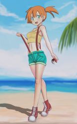 Rule 34 | 1girl, aqua eyes, aqua shorts, aruman, bad id, bad pixiv id, bare shoulders, beach, blue sky, blush, breasts, cloud, creatures (company), crop top, day, denim, denim shorts, female focus, full body, game freak, hair between eyes, hair tie, hand up, highres, looking at viewer, midriff, misty (pokemon), navel, nintendo, ocean, open mouth, orange hair, outdoors, palm tree, poke ball, poke ball (basic), pokemon, pokemon (anime), pokemon (classic anime), red footwear, shiny skin, shirt, shoes, short hair, short shorts, shorts, side ponytail, sky, sleeveless, sleeveless shirt, small breasts, smile, solo, standing, stomach, suspenders, suspenders pull, tree, water, yellow shirt