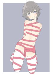 Rule 34 | 1girl, absurdres, border, breasts, closed mouth, copyright request, donguri suzume, dot nose, full body, grey background, grey hair, head tilt, highres, long hair, looking at viewer, low twintails, medium breasts, naked ribbon, purple eyes, ribbon, simple background, smile, solo, thighhighs, twintails, white border, white thighhighs