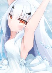 Rule 34 | 1girl, :o, armpits, arms up, bare shoulders, breasts, commentary request, dress, melusine (fate), fate/grand order, fate (series), flower, hair between eyes, hair ornament, hairclip, highres, hijouguti, long hair, looking at viewer, parted lips, pleated dress, red eyes, rose, sleeveless, sleeveless dress, small breasts, solo, very long hair, white dress, white flower, white hair, white rose