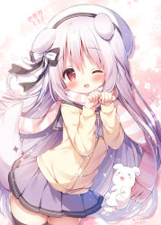 Rule 34 | 1girl, animal ears, blush, borrowed character, bow, dog ears, dog girl, dog tail, fang, hair between eyes, hair bow, hat, highres, long hair, long sleeves, looking at viewer, miniskirt, momozu komamochi, one eye closed, open mouth, original, paw pose, pink scarf, pleated skirt, purple skirt, red eyes, sailor collar, sailor hat, scarf, school uniform, serafuku, silver hair, simple background, skirt, solo, standing, striped clothes, striped scarf, sweater vest, tail, tail raised, white hat, white scarf, yellow sweater vest