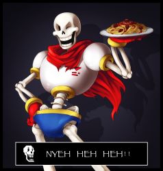 Rule 34 | 1boy, :d, armor, food, gloves, hand on own hip, highres, holding, holding plate, male focus, meatball, one eye closed, open mouth, papyrus (font), papyrus (undertale), pasta, plate, rb (sparkleee-sprinkle), red scarf, scarf, skeleton, smile, solo, spaghetti, spaghetti and meatballs, undertale