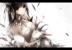 Rule 34 | 1girl, asahiro (algl), bad id, bad nicoseiga id, bare shoulders, black eyes, black hair, breasts, bridal veil, choker, cleavage, dress, earrings, expressionless, gloves, goat, jewelry, letterboxed, long hair, looking at viewer, original, simple background, solo, veil, wedding dress, white background