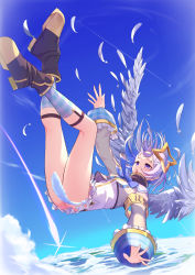 Rule 34 | 1girl, amane kanata, angel, angel wings, armband, black hair, blue hair, blue neckwear, blue socks, boots, cloud, cocoablue23, colored inner hair, commentary request, convenient censoring, cropped jacket, day, falling, feathered wings, feathers, frilled skirt, frills, full body, gingham legwear, grey jacket, halo, highres, hololive, jacket, legwear garter, long sleeves, multicolored hair, outstretched arms, purple eyes, shirt, short hair, skirt, sky, socks, solo, star halo, turtleneck, virtual youtuber, white hair, white shirt, wings