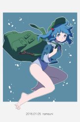 Rule 34 | 10s, 1girl, 2016, artist name, backpack, bag, barefoot, blonde hair, blue eyes, blue hair, bubble, dated, eyebrows, hair bobbles, hair ornament, hat, highres, holding breath, kawashiro nitori, legs, matching hair/eyes, namauni, one-piece swimsuit, shirt, short hair, sleeves past elbows, sleeves rolled up, solo, swimsuit, swimsuit under clothes, touhou, two side up, underwater, webbed feet, white one-piece swimsuit