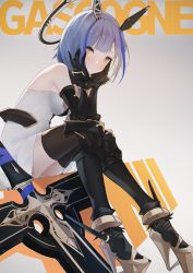 Rule 34 | 1girl, abae, armored boots, armpits, azur lane, bare shoulders, blue hair, blunt bangs, blush, boots, breasts, brown thighhighs, character name, closed mouth, dress, gascogne (azur lane), gauntlets, gradient background, grey background, grey dress, hands on own cheeks, hands on own face, headgear, high heel boots, high heels, highres, knee boots, looking at viewer, medium breasts, multicolored hair, orange eyes, short hair, silver hair, sitting, skindentation, sleeveless, sleeveless dress, solo, sword, thighhighs, two-tone hair, weapon