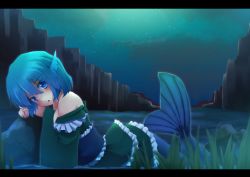 Rule 34 | 1girl, akabeko (ku-enn), bare shoulders, blue eyes, blue hair, canyon, fins, frilled kimono, frills, grass, head fins, japanese clothes, kimono, letterboxed, long sleeves, looking at viewer, matching hair/eyes, mermaid, monster girl, off shoulder, rock, sash, short hair, sky, solo, star (sky), starry sky, touhou, wakasagihime, water, wide sleeves