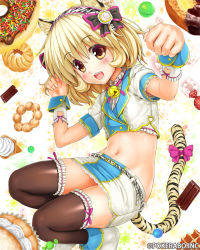 Rule 34 | 1girl, animal ears, bell, blonde hair, blush, candy, chocolate, crop top, doughnut, endou hiroto, fang, flat chest, food, hairband, highres, ice cream, ice cream cone, jingle bell, makai gakuen catastrophe, midriff, navel, official art, original, shiny skin, short hair, skirt, soft serve, solo, sprinkles, stomach, sweets, tail, thighhighs, tiger ears, tiger tail, yellow eyes