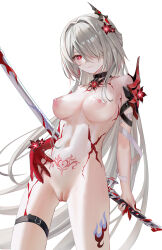Rule 34 | 1girl, absurdres, acheron (honkai: star rail), bare shoulders, blhazx, breasts, chinese commentary, choker, cleavage, commentary request, completely nude, cowboy shot, flower, grey hair, hair flower, hair intakes, hair ornament, hair over one eye, halterneck, highres, holding, holding sword, holding weapon, honkai: star rail, honkai (series), large breasts, leg tattoo, long hair, looking at viewer, navel, nude, official alternate color, pubic tattoo, red eyes, red flower, scabbard, sheath, sheathed, simple background, solo, standing, stomach, sword, tattoo, thigh strap, thighs, very long hair, weapon, white background