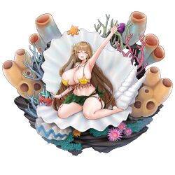 Rule 34 | 1girl, arm up, armpits, barefoot, bikini, blonde hair, breasts, cleavage, closed eyes, collarbone, coral, crab, flower, flower thigh strap, hair between eyes, hair flower, hair ornament, highres, huge breasts, jewelry, kelp, last origin, leaf bikini, long hair, looking at viewer, mel (dodosae), navel, necklace, net, official alternate costume, official art, one side up, open mouth, pink flower, red flower, salacia (last origin), sarong, sea anemone, seashell, seashell bracelet, seaweed, shell, shell necklace, simple background, sitting, skindentation, smile, solo, starfish bikini, string bikini, sweat, swimsuit, tachi-e, thigh strap, third-party source, transparent background, umbrella octopus, wariza, waving, white flower, yellow flower