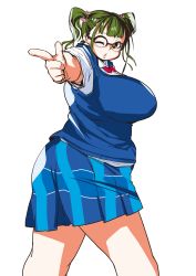 Rule 34 | 10s, 1girl, bow, breasts, brown eyes, fat, finger gun, glasses, green hair, hair ornament, highres, hiro (h-net), huge breasts, layered clothes, looking at viewer, nikuko (galko), one eye closed, open mouth, oshiete! galko-chan, over-rim eyewear, plaid, plaid skirt, pleated skirt, plump, pointing, red bow, school uniform, semi-rimless eyewear, short sleeves, short twintails, skirt, solo, sweater vest, thick thighs, thighs, twintails, white background