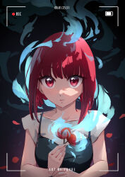 Rule 34 | 1girl, absurdres, arima kana, artist name, battery indicator, black background, black dress, blouse, blue fire, blunt bangs, blunt ends, bob cut, collarbone, dark background, dress, english text, expressionless, eyelashes, falling petals, fire, flower, highres, holding, holding flower, inverted bob, light blush, looking at viewer, oshi no ko, parted lips, petals, pinafore dress, poppy (flower), recording, red eyes, red flower, red hair, romaji commentary, shaded face, shirt, short hair, short sleeves, sleeveless, sleeveless dress, solo, upper body, upturned eyes, viewfinder, white shirt, yunre (yunreart)
