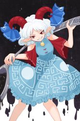 Rule 34 | 1girl, blue dress, chunmarupi, curly hair, detached sleeves, dress, earrings, eye print, fingernails, grin, highres, holding, hoop earrings, horn ornament, horn ribbon, horns, jewelry, looking at viewer, meandros, oil, oversized object, pointy ears, red eyes, red horns, red sleeves, ribbon, sharp fingernails, sharp teeth, sheep girl, sheep horns, short hair, smile, solo, teeth, touhou, toutetsu yuuma, utensil, white hair