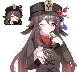Rule 34 | 1girl, black nails, blue ribbon, blush, branch, breasts, brown coat, brown hair, brown hat, closed mouth, coat, collared coat, fingernails, flower, flower-shaped pupils, genshin impact, gold, hair between eyes, hand on own face, hands up, hat, hat flower, hat ornament, hat ribbon, heart, hu tao (genshin impact), jewelry, kino (curry pan), long fingernails, long hair, long sleeves, looking at viewer, mandarin collar, medium breasts, nail polish, one eye closed, pink flower, pom pom (clothes), red eyes, red flower, red shirt, ribbon, ring, shirt, silver, simple background, solo, symbol-shaped pupils, twintails, upper body, white background, wide sleeves, wing collar