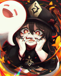 Rule 34 | 1girl, absurdres, artist name, bead bracelet, beads, black headwear, black nails, bracelet, brown hair, chinese clothes, chromatic aberration, coat, collared coat, collared shirt, dated, flower, genshin impact, ghost, grin, hair between eyes, hands on own face, hat, hat flower, highres, hu tao (genshin impact), inkspirate, jewelry, lens flare, multiple rings, nail polish, open mouth, plum blossoms, porkpie hat, red eyes, red shirt, ring, shirt, smile, star-shaped pupils, star (symbol), symbol-shaped pupils, tassel, watermark
