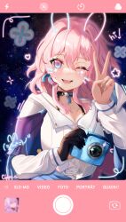 Rule 34 | 1girl, absurdres, blue eyes, blush, camera, cippi ci, highres, holding, holding camera, honkai: star rail, honkai (series), long hair, looking at viewer, march 7th (honkai: star rail), multicolored eyes, one eye closed, open mouth, pink hair, purple eyes, shirt, short hair with long locks, sky, smile, solo, star (sky), starry sky, teeth, v, white shirt