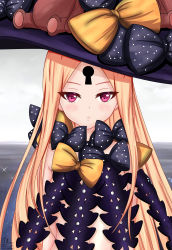Rule 34 | 1girl, abigail williams (fate), abigail williams (second ascension) (fate), absurdres, arms behind back, bare shoulders, black bow, black hat, blonde hair, blush, bow, breasts, closed mouth, colored skin, fate/grand order, fate (series), forehead, frosver, hat, highres, keyhole, long hair, multiple bows, navel, orange bow, parted bangs, pink eyes, revealing clothes, small breasts, solo, stuffed animal, stuffed toy, teddy bear, white skin, witch hat