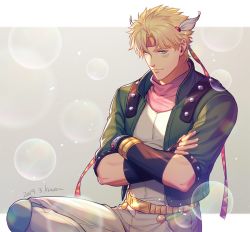 Rule 34 | 1boy, battle tendency, blonde hair, bubble, caesar anthonio zeppeli, crossed arms, dated, facial mark, feather hair ornament, feathers, fingerless gloves, gloves, green eyes, green jacket, hair ornament, headband, jacket, jojo no kimyou na bouken, knee pads, kuren, leg up, looking at viewer, male focus, scarf, solo