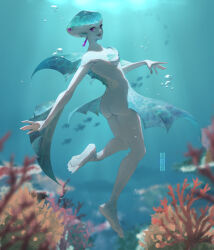 Rule 34 | 1girl, arm fins, ass, back fin, blue skin, breasts, bubble, cleavage, colored skin, coral, earrings, fins, fish girl, from behind, head fins, highres, jewelry, kureihii, looking back, medium breasts, nintendo, princess ruto, purple eyes, signature, smile, solo, the legend of zelda, the legend of zelda: ocarina of time, underwater, zora