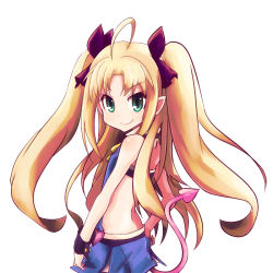 Rule 34 | 1girl, ahoge, astarotte ygvar, blonde hair, demon girl, demon tail, flat chest, green eyes, heart, heart tail, long hair, looking at viewer, lotte no omocha!, simple background, skirt, smirk, solo, tail, tanashi (mk2), twintails, very long hair, wrist cuffs