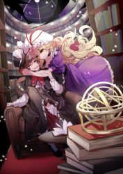 Rule 34 | 2girls, black capelet, black headwear, blonde hair, book, bookshelf, bow, bowtie, brown hair, capelet, chair, closed eyes, commission, dress, fedora, full body, hat, highres, hug, indoors, ishikawa sparerib, light particles, long hair, long sleeves, looking at another, mob cap, multiple girls, open mouth, purple dress, red bow, red bowtie, short sleeves, sitting, skeb commission, smile, touhou, usami renko, white headwear, yakumo yukari, yellow eyes