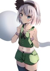 Rule 34 | 1girl, adapted costume, black bow, black bowtie, black hairband, black thighhighs, blue eyes, bow, bowtie, closed mouth, cowboy shot, ghost, green shorts, green vest, grey hair, hairband, highres, konpaku youmu, konpaku youmu (ghost), looking at viewer, midriff, natsume suzuri, navel, short hair, shorts, simple background, solo, standing, thighhighs, touhou, vest, white background