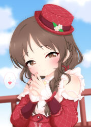 Rule 34 | 1girl, bare shoulders, blush, braid, brown eyes, brown hair, closed mouth, clothing cutout, commentary request, dress, hair over shoulder, hat, heart, heart in eye, highres, hosizora mikoto, idolmaster, idolmaster cinderella girls, interlocked fingers, long sleeves, looking at viewer, mini hat, mini top hat, nail polish, own hands together, pink nails, red dress, red hat, shoulder cutout, side braid, single braid, smile, solo, speech bubble, symbol in eye, tachibana arisu, tilted headwear, top hat, variant set