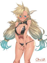 Rule 34 | 1girl, almeida (granblue fantasy), asymmetrical bangs, bikini, black bikini, blonde hair, blue eyes, blue hair, blush, breasts, breasts squeezed together, cleavage, draph, gradient hair, granblue fantasy, horns, large breasts, long hair, multicolored hair, navel, obui, pointy ears, simple background, solo, standing, swimsuit, very long hair, white background