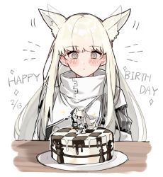 Rule 34 | 1girl, animal ear fluff, animal ears, aogisa, arknights, blush, cake, closed mouth, commentary request, dated, ear wiggle, food, hair between eyes, happy birthday, highres, horse ears, long hair, looking at object, platinum (arknights), platinum blonde hair, solo, upper body