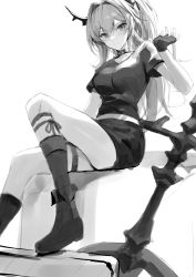 Rule 34 | 1girl, absurdres, arknights, boots, collar, collarbone, demon horns, fingerless gloves, foot out of frame, gloves, greyscale, hair intakes, hand up, highres, horns, long hair, looking at viewer, midriff peek, molyb, monochrome, official alternate costume, shirt, sitting, sketch, solo, studded collar, surtr (arknights), surtr (liberte echec) (arknights), sword, thigh strap, weapon