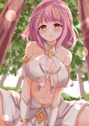 Rule 34 | 1girl, bare shoulders, blush, braid, breasts, brown eyes, cleavage, collarbone, commentary request, dated, hair ornament, highres, hoshizaki akari, large breasts, looking at viewer, navel, ongeki, parted lips, pink hair, skirt, solo, tree, twin braids, twitter username, white skirt, xenon (for achieve)