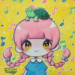 Rule 34 | 1girl, animal, animal on head, beamed eighth notes, blue dress, blunt bangs, blush, braid, dated, dress, eighth note, highres, musical note, no nose, on head, original, outline, quarter note, short sleeves, signature, smile, solo, turtle, twin braids, upper body, white outline, yellow eyes, zukky000