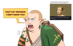 Rule 34 | 1boy, aaron schmit, archaic set (zelda), blonde hair, bobby hill, cosplay, earrings, english text, fat, fat man, game screenshot inset, highres, jewelry, king of the hill, link, link (cosplay), male focus, meme, nintendo, open mouth, pointy ears, reference inset, shaved head, shield, shield on back, short hair, signature, simple background, solo, speech bubble, teeth, the legend of zelda, the legend of zelda: tears of the kingdom, upper body, upper teeth only, v-shaped eyebrows, white background