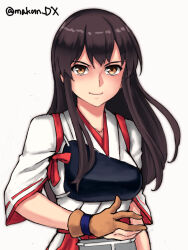 Rule 34 | 1girl, akagi (kancolle), archery shooting glove, blush, breasts, brown eyes, brown hair, chest armor, closed mouth, commentary request, gloves, hair between eyes, highres, japanese clothes, kantai collection, kimono, long hair, long sleeves, looking at viewer, maakun (makun dx), medium breasts, one-hour drawing challenge, partially fingerless gloves, simple background, smile, solo, twitter username, upper body, white background