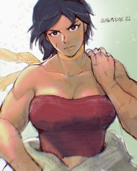 Rule 34 | 1girl, absurdres, alt text, bandaged fingers, bandages, bare shoulders, black eyes, black hair, breasts, choker, cleavage, collarbone, commentary, dougi, english commentary, facial scar, facing viewer, highres, karate gi, large breasts, makoto (street fighter), muscular, muscular female, aged up, quasimodox, ribbon, ribbon choker, sarashi, scar, scar on arm, scar on cheek, scar on face, serious, short hair, solo, street fighter, street fighter iii (series), tomboy, yellow ribbon