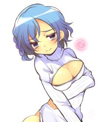 Rule 34 | 1girl, bad id, bad pixiv id, blue eyes, blue hair, blush, breasts, cleavage cutout, clothing cutout, dorothy west, downblouse, from above, large breasts, lips, meme attire, no panties, open-chest sweater, pretty series, pripara, ribbed sweater, short hair, simple background, smile, sweater, turtleneck, white background
