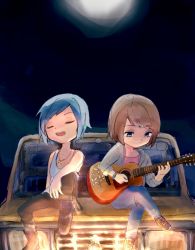 Rule 34 | 2girls, blue hair, boots, brown hair, car, chloe price, closed eyes, crossed legs, female focus, freckles, grey jacket, guitar, highres, instrument, jacket, jewelry, life is strange, max caulfield, moon, motor vehicle, multiple girls, music, necklace, night, nokonoko (a0dddd), on vehicle, open mouth, pink shirt, playing instrument, shirt, sitting, smile, tank top, white tank top