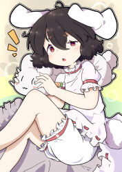 Rule 34 | 1girl, absurdres, animal ears, black hair, bloomers, blush, carrot necklace, commentary request, dress, feet out of frame, floppy ears, gakubutiudonn449, hair between eyes, highres, inaba mob (touhou), inaba tewi, jewelry, long bangs, looking at viewer, necklace, notice lines, open mouth, rabbit, rabbit ears, rabbit girl, rabbit tail, ribbon-trimmed dress, short hair, solo, squeans, tail, thick eyebrows, touhou, underwear, waking up, white bloomers, white dress