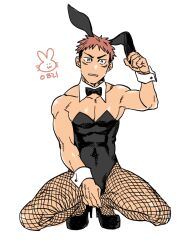 Rule 34 | 1boy, alternate costume, animal ears, bulge, crossdressing, detached collar, facial mark, fishnet pantyhose, fishnets, full body, hand on own ear, itadori yuuji, jujutsu kaisen, leotard, looking at viewer, male focus, male playboy bunny, pantyhose, pectoral cleavage, pectorals, pulling own ear, rabbit ears, solo, spiked hair, squatting, thick eyebrows, toned, toned male, undercut, wa (chichi chichin), wrist cuffs
