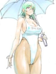 Rule 34 | 13th clown, 1girl, bangle, bare shoulders, bracelet, breasts, cleavage, green hair, jewelry, large breasts, one-piece swimsuit, original, pantyhose, pink eyes, race queen, see-through, see-through legwear, sideboob, solo, swimsuit, umbrella, white one-piece swimsuit