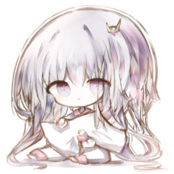 Rule 34 | 1girl, :&lt;, bad id, bad pixiv id, barefoot, closed mouth, collared shirt, commentary request, cottontailtokki, crown, hair between eyes, long hair, long sleeves, looking at viewer, mini crown, hugging object, pajamas, pants, pillow, pillow hug, purple eyes, purple hair, shadowverse, shingeki no bahamut, shirt, sitting, solo, spinaria (shingeki no bahamut), tilted headwear, very long hair, white background, white pajamas, white pants, white shirt