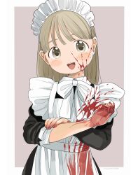 Rule 34 | 1girl, absurdres, apron, artist name, black dress, blonde hair, blood, blood on clothes, blood on face, blood on hands, blunt bangs, blush, border, brown background, brown eyes, collar, collared dress, dot nose, dress, frilled apron, frills, head tilt, highres, long hair, long sleeves, looking at viewer, maid, maid apron, maid headdress, nagomurasan, neck ribbon, open mouth, original, ribbon, rolling sleeves up, simple background, solo, teeth, tongue, upper body, upper teeth only, white border, white collar