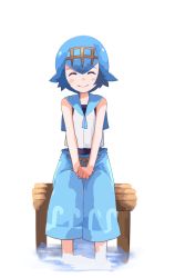 Rule 34 | 1girl, bare arms, blue hair, blue pants, blush stickers, closed eyes, closed mouth, commentary request, creatures (company), game freak, hairband, hands on lap, highres, lana (pokemon), meneru, nintendo, one-piece swimsuit, own hands together, pants, pokemon, pokemon sm, raised eyebrows, sailor collar, shirt, short hair, simple background, sitting, sleeveless, sleeveless shirt, smile, soaking feet, solo, swimsuit, swimsuit under clothes, trial captain, water, white background, white shirt